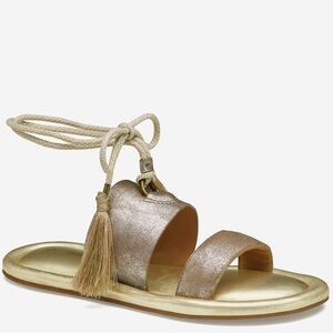 Johnston & Murphy Zoey Ankle Wrap Sandals Taupe Metallic Kid Suede Size 9 Boho